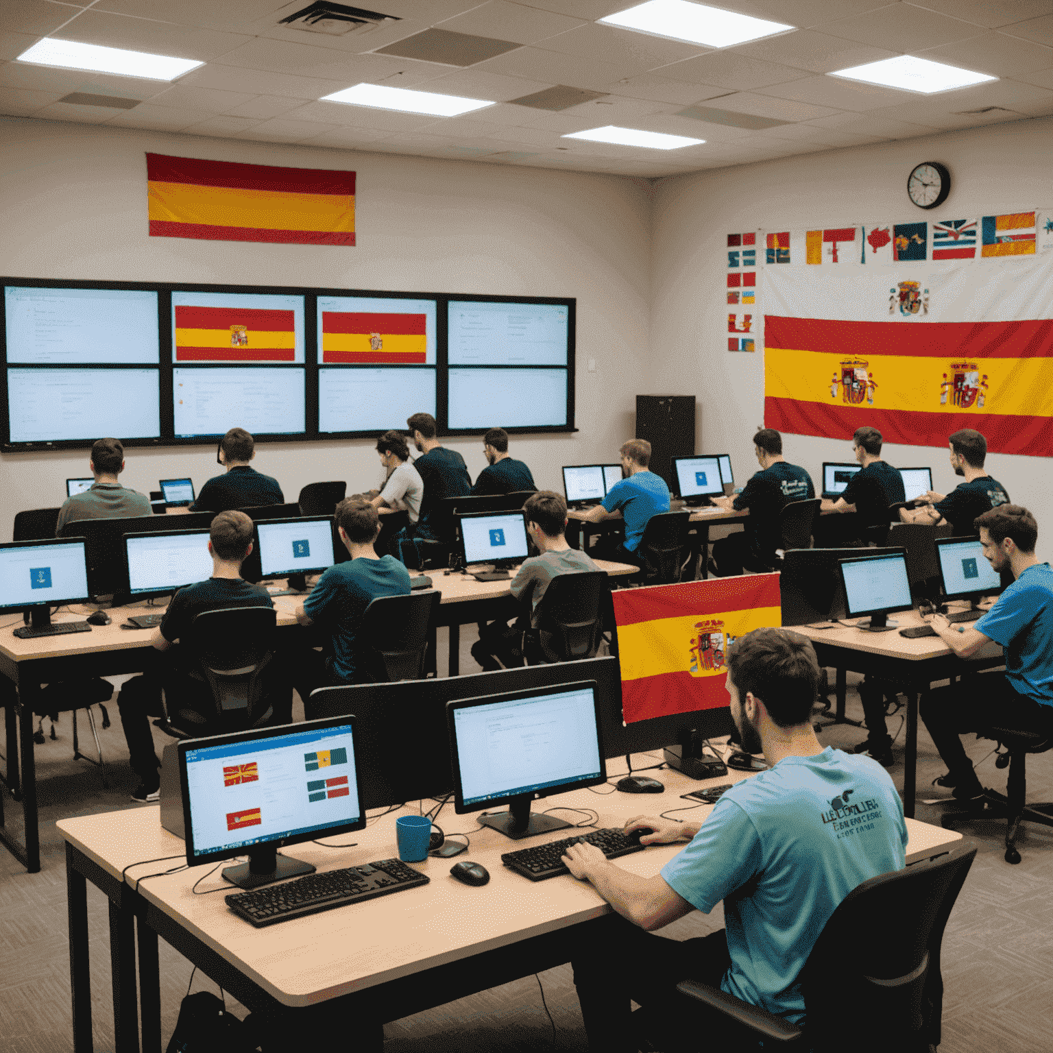 Imagen que muestra un aula de bootcamp con estudiantes trabajando en computadoras, banderas españolas y logotipos de lenguajes de programación